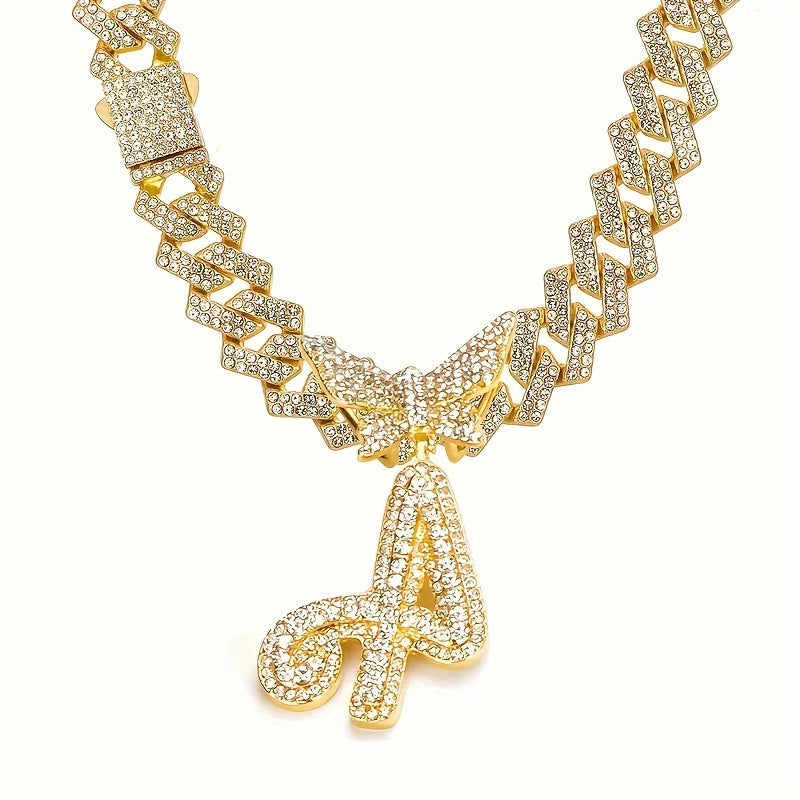 Cuban Link Chain Necklace - Initial Letter for Men Women - with Butterfly Alphabet Pendant A-Z, Gold & - product detail view
