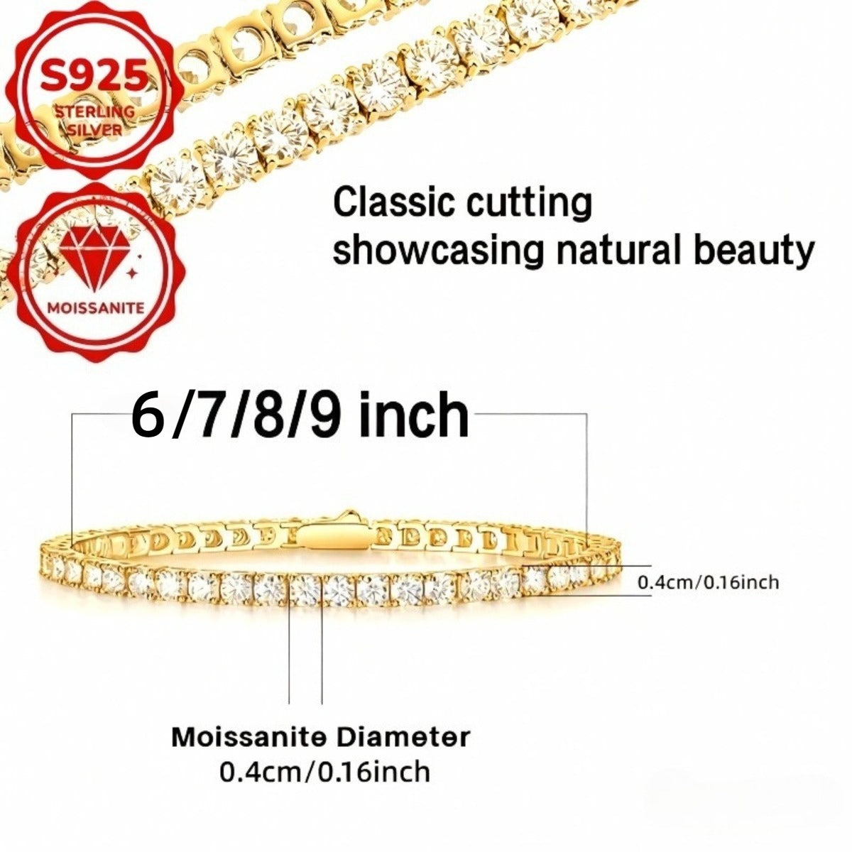 Luxury S925 4mm Sterling Silvery Moissanite Golden Tennis Bracelet- Bright Cut, Arranged Moissanite Design- Elegant French Style Women's Style, Suitable for Weddings, Birthdays, Total Weight Of The Product (7.71g)