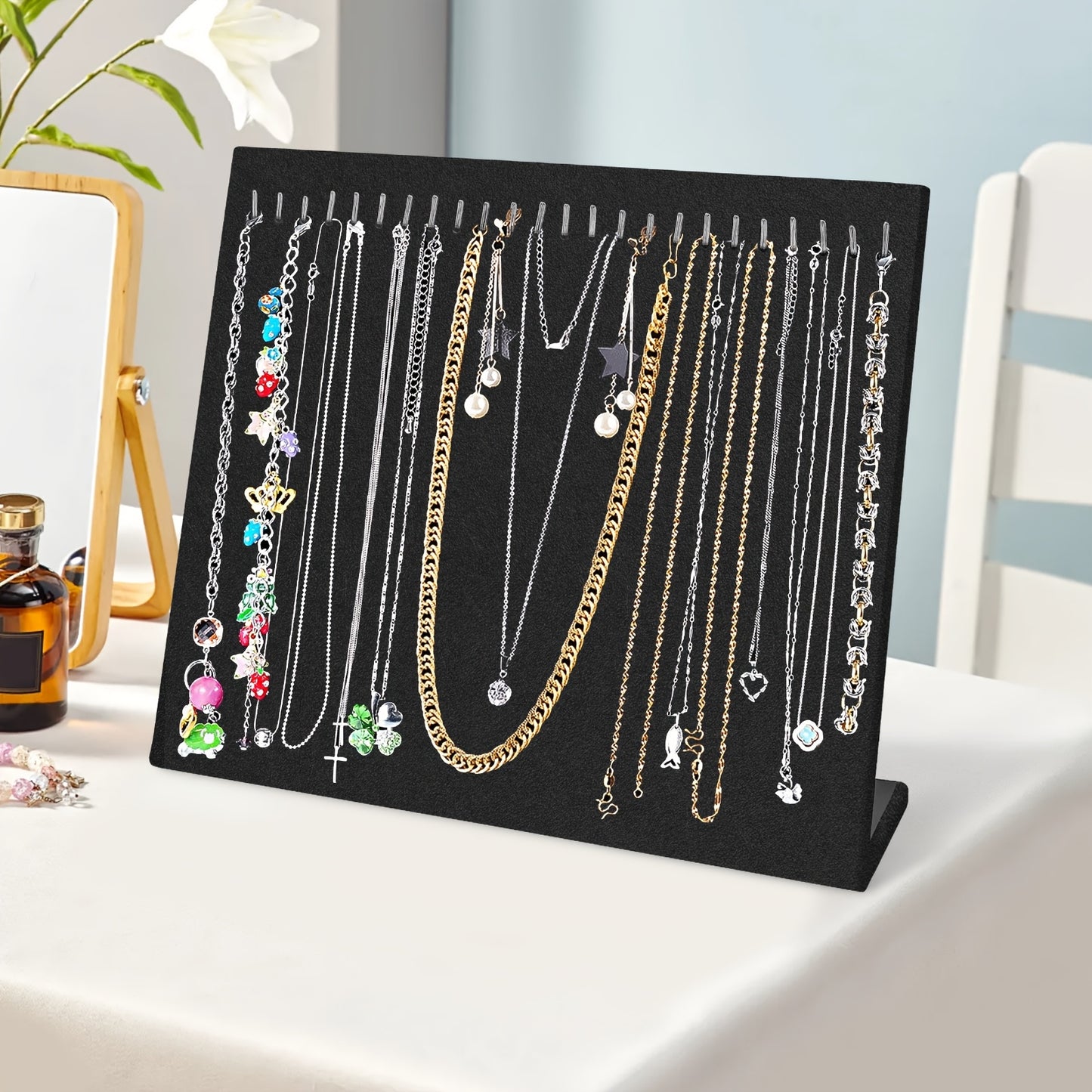 Necklace Display Stand 24 Hook Velvet Jewelry Organizer Rack — L-Shaped Countertop Holder for Necklaces, Bracelets & Earrings | Home & Boutique Storage