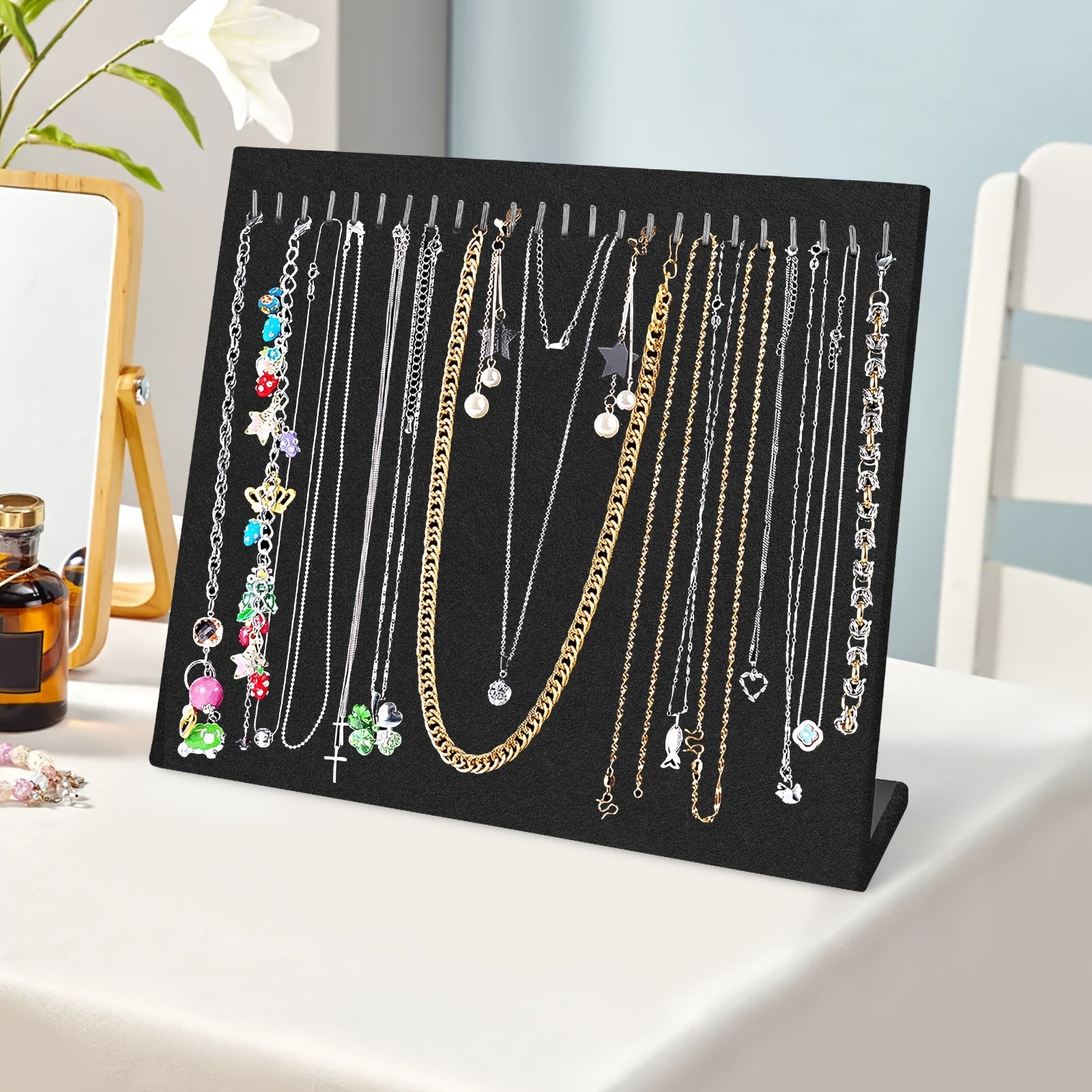 24-Hook Velvet Jewelry Organizer Rack, Necklace Display Stand with Sturdy Base, Space-Saving Design for Clutter-Free Storage, Ideal for Home and Boutique Use