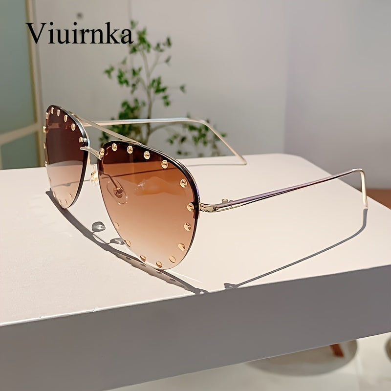 VIUIRNKA Women'S Glasses, Classic Semi-Rimless Design with Studded Details, Trendy Versatile Black Frame with Case, Lightweight Fashion Statement, Perfect for Halloween & Christmas Gift Giving, Chic Daily Wea