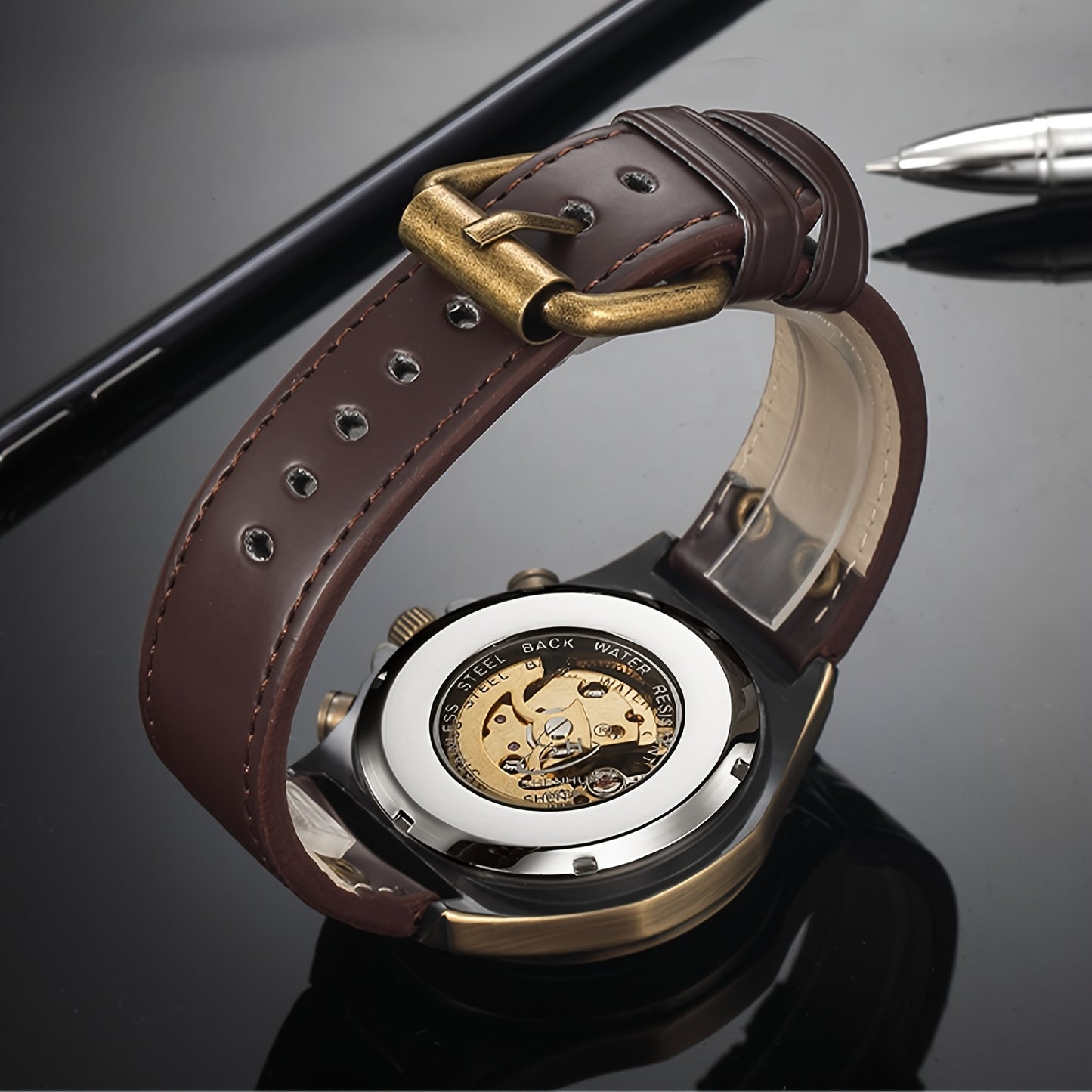 Men's Automatic Mechanical Skeleton Watch – Retro Roman Numeral Hollow Dial Leather Strap Wristwatch, Luxury Gift for Him