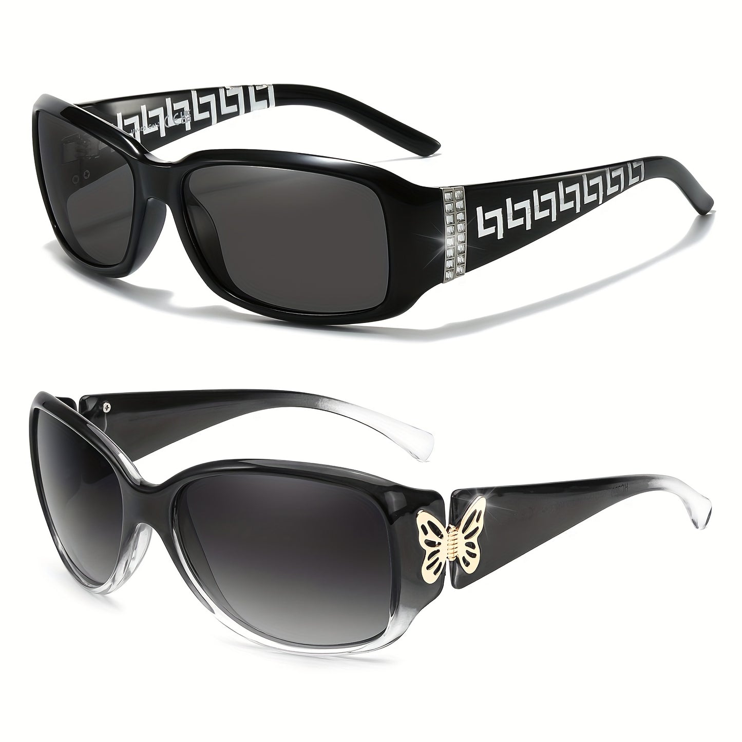 Polarized Sunglasses for Women 2 Pack - Butterfly Heart Wrap-Around Jackie-O Style UV400 Protection, Trendy Oversized Fashion Shades in Gradient Blue, Gray, Black, Pink & Rainbow Colors