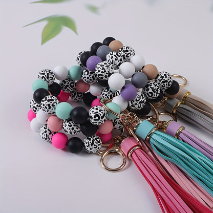 Beaded Keychain Wristband Set 5 Pcs - Leopard Print Polka Dot Fringe Charm Keychains for Women, Boho Wrist Keyring with Tassel, Cute Bag Accessory Car Key Pendant Gift Set for Women Girls