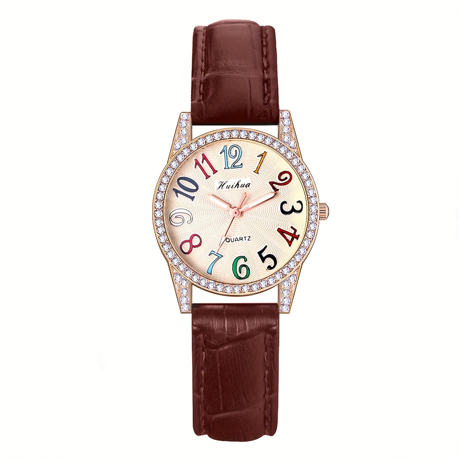 Women Colorful Arabic Numerals Rhinestone Dial PU Leather Band Watch Quartz Wristwatch Teens Christmas Gift