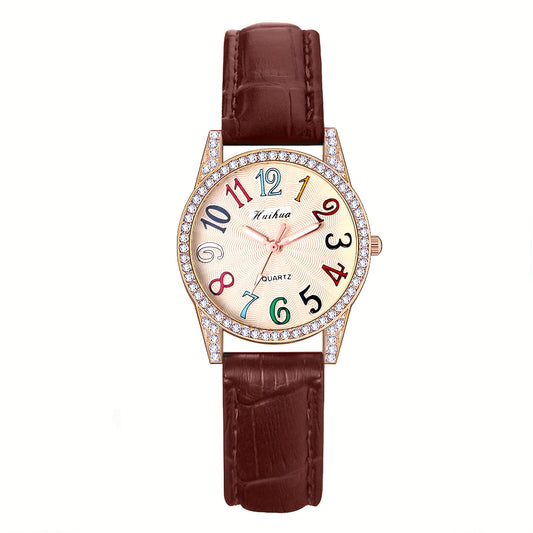 Women Colorful Arabic Numerals Rhinestone Dial PU Leather Band Watch Quartz Wristwatch Teens Christmas Gift