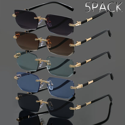Frameless Sunglasses Set 5 Pack - Metal Rimless Oval Lens UV Protection Lightweight Vintage Fashion Eyewear Men Women Summer Party Gift