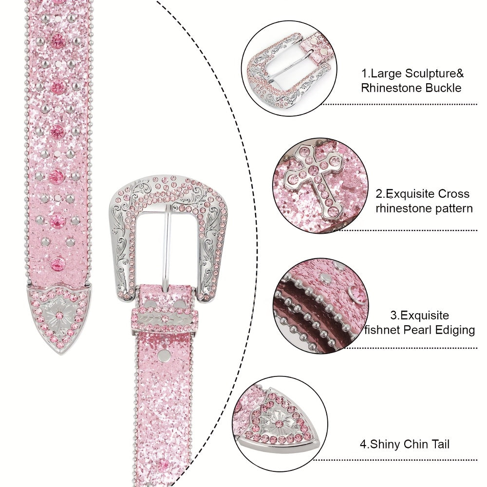 1pc WHIPPY PU Leather Belt Suitable for Men & Women - Rhinestone Studded Punk Carved Buckle Belt with Sky Rhinestone Carvings, Unisex Western Festival Accessories, Hip-Hop Belt for Costumes, Parties, Daily Wear