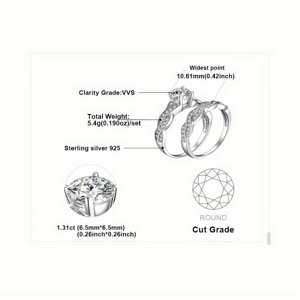 [Wedding Engagement Ring] 2pcs/Set 925 Sterling Silver Classic And Elegant Infinity Knot Design Round Cut Cubic Zirconia Decor Silvery Wedding Engagement Ring for Woman Bridal Set Ring Band Stackable Fine Jewelry