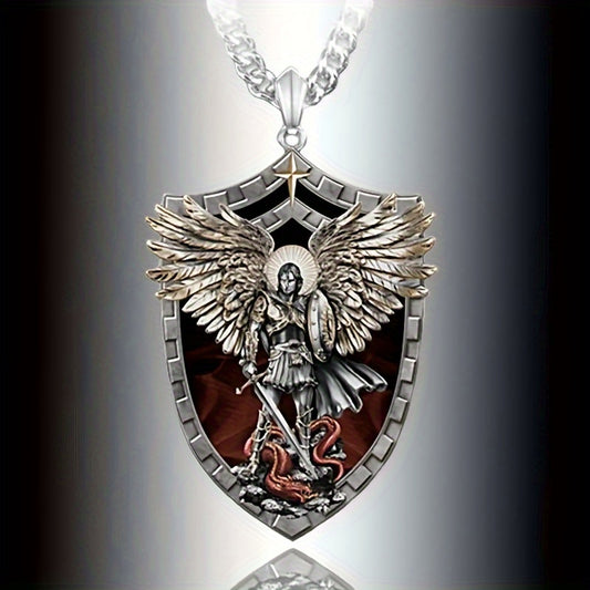 Stainless Steel Necklace for Men Warrior Guardian Holy Angel Saint Michael Pendant Necklace Men Knight Shield Necklace Jewelry Gift