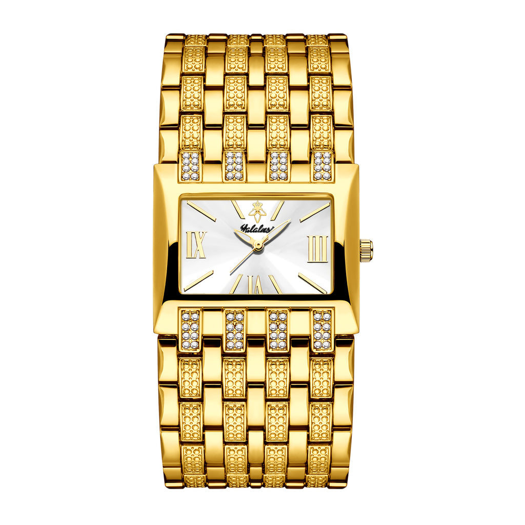 1pc Yalalusi Men'S Fashion Watch | Luminous Pointer, Business Golden, Casual Splicing Wristband, Easy Rhinestone Decoration, Gift Box And Strap Remover, Ideal For Father And Friends Gift