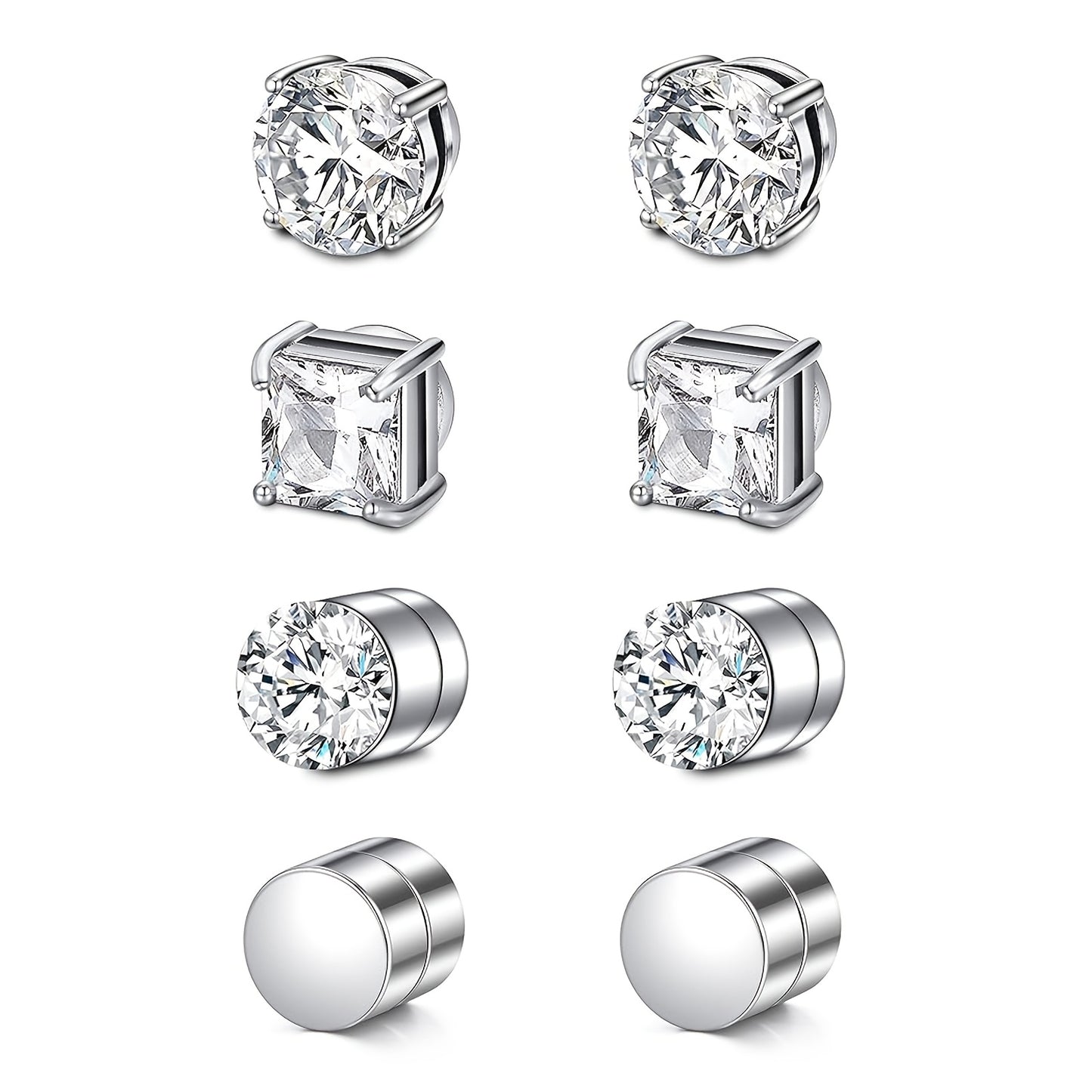 Magnetic Stud Earrings for Men Multi-Pack - Round Square Embellished Non-Piercing Ear Studs, Silver & Black Tone, 8/9/12/14pcs Set, No Piercing Needed, Unisex Fashion Jewelry Gift