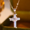 Silvery Exquisite Luxury White Synthetic Australian Synthetic Opal Cross Necklace for Women