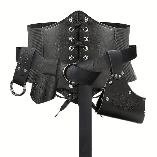 5pcs Medieval Renaissance Costume Set – Fashion Faux Leather Belt, Corset, Viking Horn Decoration, Vintage Prop & Accessory Pack for Halloween & Cosplay Unisex