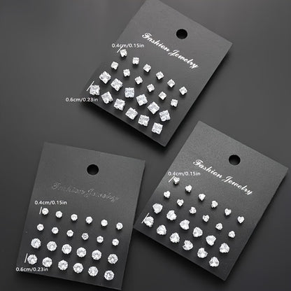 925 Silver Earring Set 36 Pairs for Women - Geometric Heart Shaped Stud & Hoop Earrings Bulk Set, Classic Multi-Style Silver Earrings for Daily Wear Party Vacation Gift