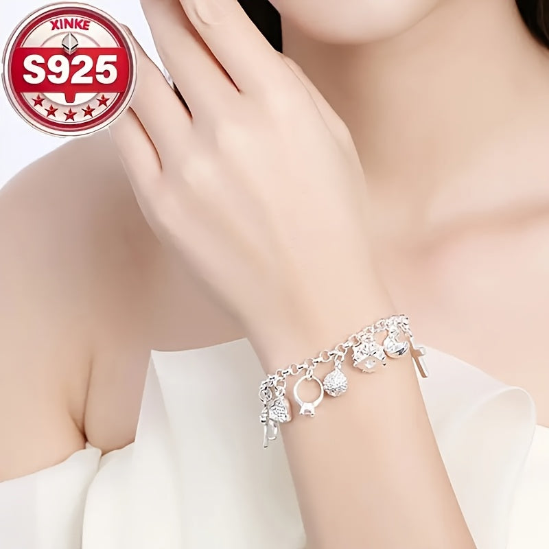 [Sterling Silver Charm Bracelet] 925 Sterling Silver Charm Bracelet for Women, Vintage Fashion Collection, Daily Wear Jewelry Accessory, Total Weight of the Product (2.5g)