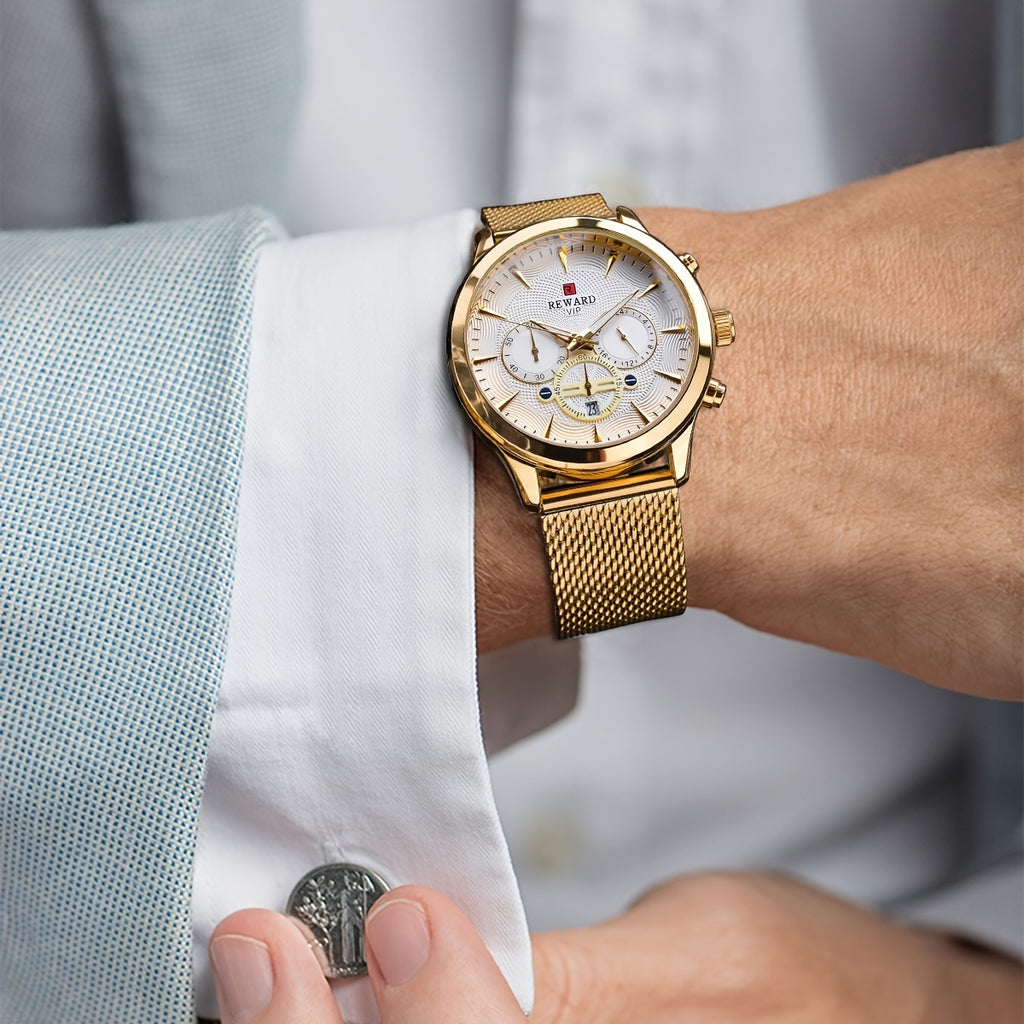 [Luminous Watch] REWARD Men's Watch, 1pc Chronograph Luminous Golden Watch | Stainless Steel Strap, Ideal Choice for Gifts