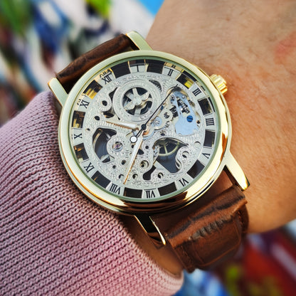 Skeleton Mechanical Watch for Men Hand Wind Gold Luxury Open Dial 38mm Stainless Steel Case Luminous Hands Retro Business Casual Wristwatch, No Battery Needed