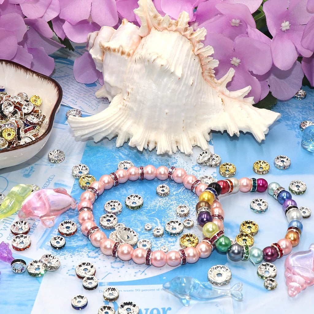 500pcs Mixed Color White AB Iron Rondelle 4/ 6/ 8/ 10mm, Round Rondelle Loose Spacer Beads for DIY Bracelet Necklace Pendant