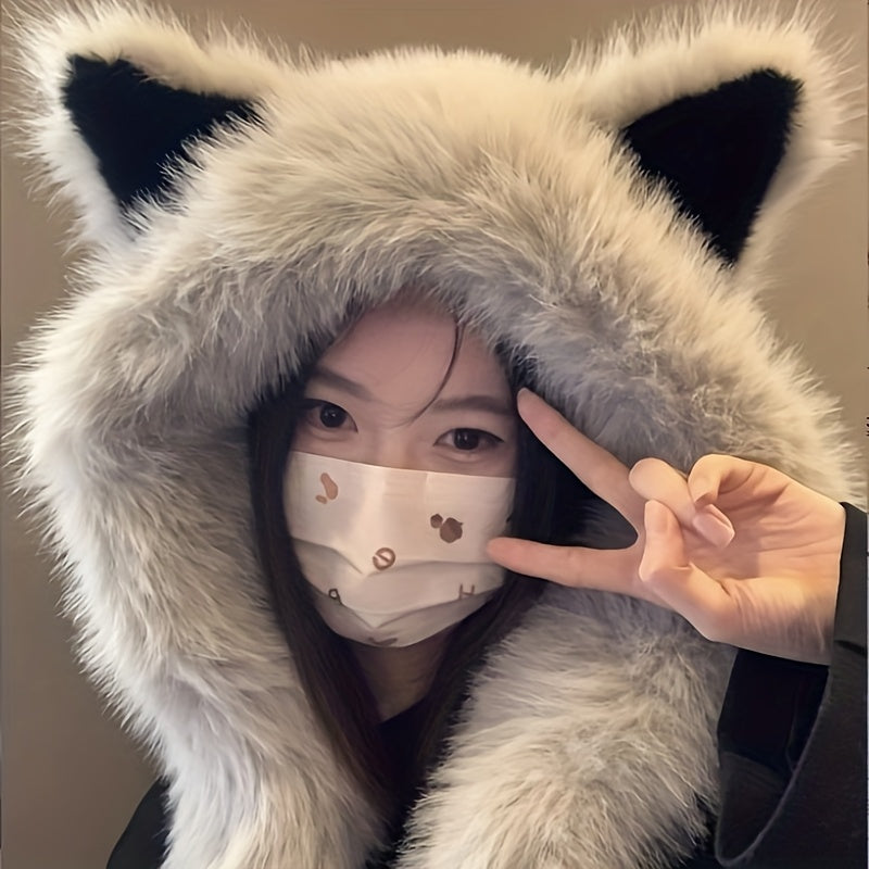 Cat Ear Hat with Integrated Scarf - Soft Warm Winter Beanie with Faux Cat Ears for Women Men One Size Fits All Cute Kawaii Hat for Themed Party Halloween Cosplay Casual Wear Grey White
