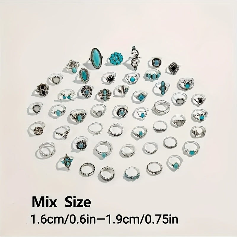A Set of 44 Vintage Turquoise Rings in a Bohemian Style, Designed for Stacking. Ideal for Daily Use by Women, As Well As for Vacations, Parties, And Holiday Presents
