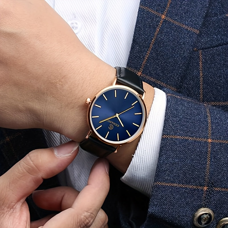 Minimalist Watch for Men Analog Quartz Round Dial PU Leather Strap Stainless Steel Case Elegant Casual Business Wristwatch Low Maintenance Black Blue