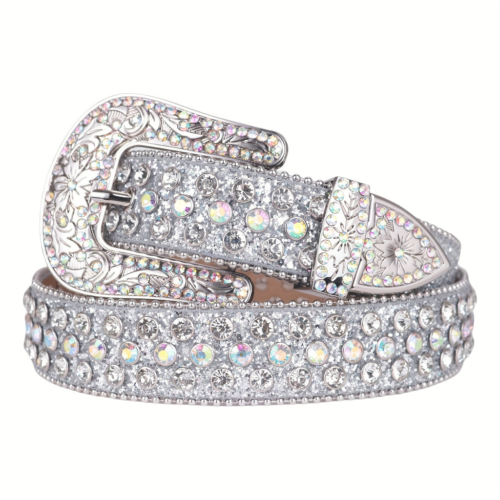 Silvery Sparkle Rhinestone Belts Women'S Luxury Bling Bling Carved Buckle Belt Punk Cowgirl Cowboy Crystal Studded Belts for Jeans