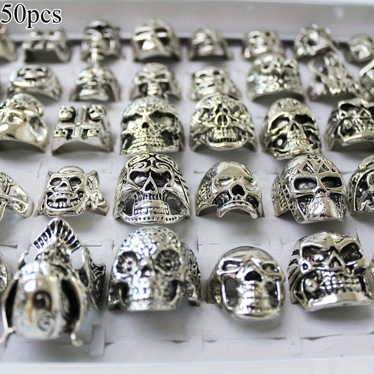 30/50pcs Men'S Punk Gothic Biker Skeleton Skull Heard Ring, Vintage Band Rings, Unisex Punk Hip Hop Style, Halloween Party Jewelry
