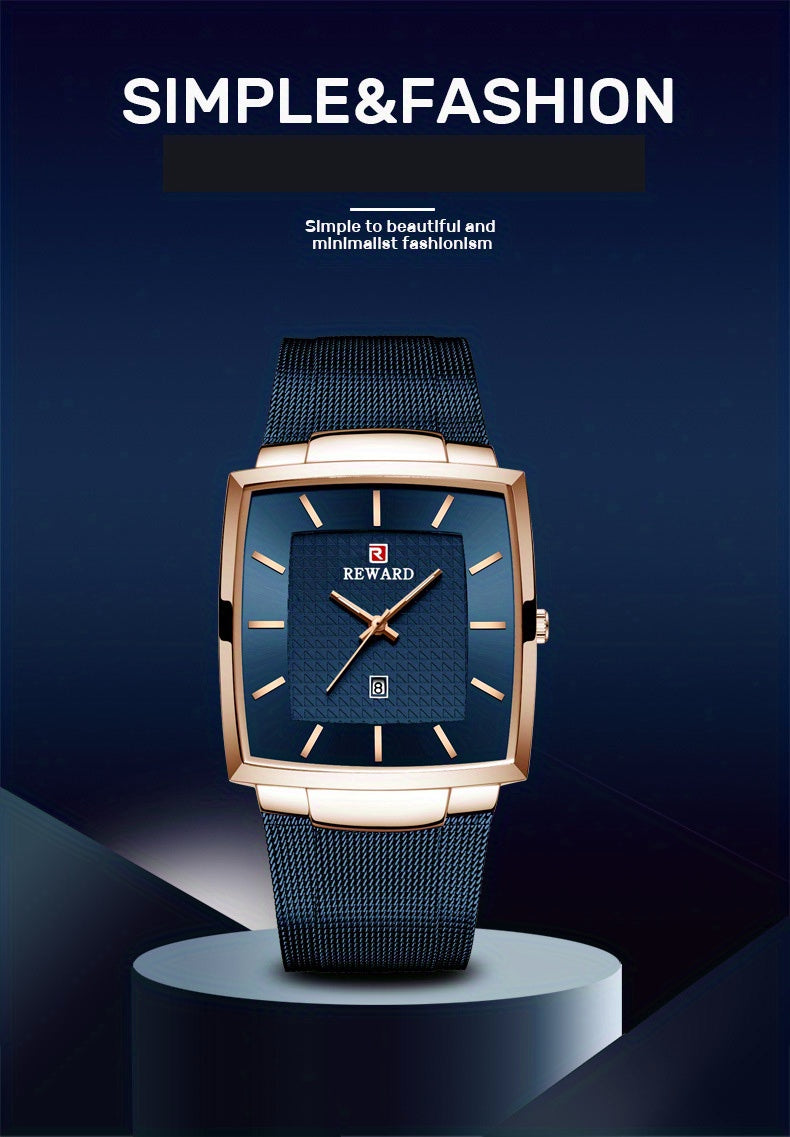 Men's Square Blue Dial Luxury Quartz Watch – Stainless Steel Strap, Luminous Hands, Date Display, Zinc Alloy Case Wristwatch for Men