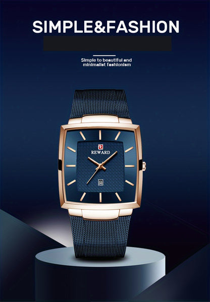 Men's Square Blue Dial Luxury Quartz Watch – Stainless Steel Strap, Luminous Hands, Date Display, Zinc Alloy Case Wristwatch for Men