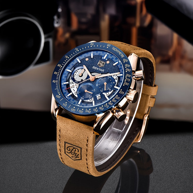 [BENYAR Luminous Chronograph Watch] BENYAR Analog Quartz Chronograph Luminous Watch - Big Face Mens Business Work Sport Casual Fashion Designer Dress Wrist Watch - Elegant Gift For Men