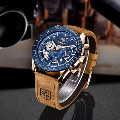 BENYAR Watch Men Luminous Chronograph Analog Quartz Big Face Business Sport Casual Fashion Dress Wristwatch Elegant Gift for Men Golden Silver Blue Black