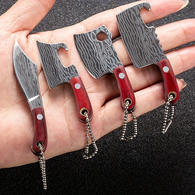 10pcs Random Premium Mini Knife Keychain Set (5 Knives And 5 Knife Sets), Damascus Pattern Pendant Blade, with Leather Cover, Stainless Steel, Non-Foldable, Straight Back, Flat Blade, Lightweight, Luxury Portable EDC Pocket Tool