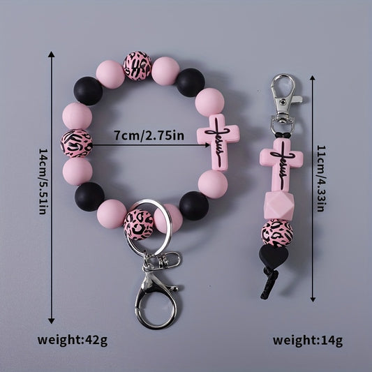 Cross Beaded Wrist Keychain Set 6pcs – Religious Bead Wristlet Key Ring Bulk Pack, Christian Faith Bag Charm Accessory, Holiday & Birthday Gift for Women Girls Friends