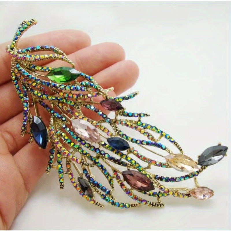 Famous Brand Design Luxurious  Design Long Feather Brooch Pin Multi-color Rhinestone Woman Jewelry Gifts for
