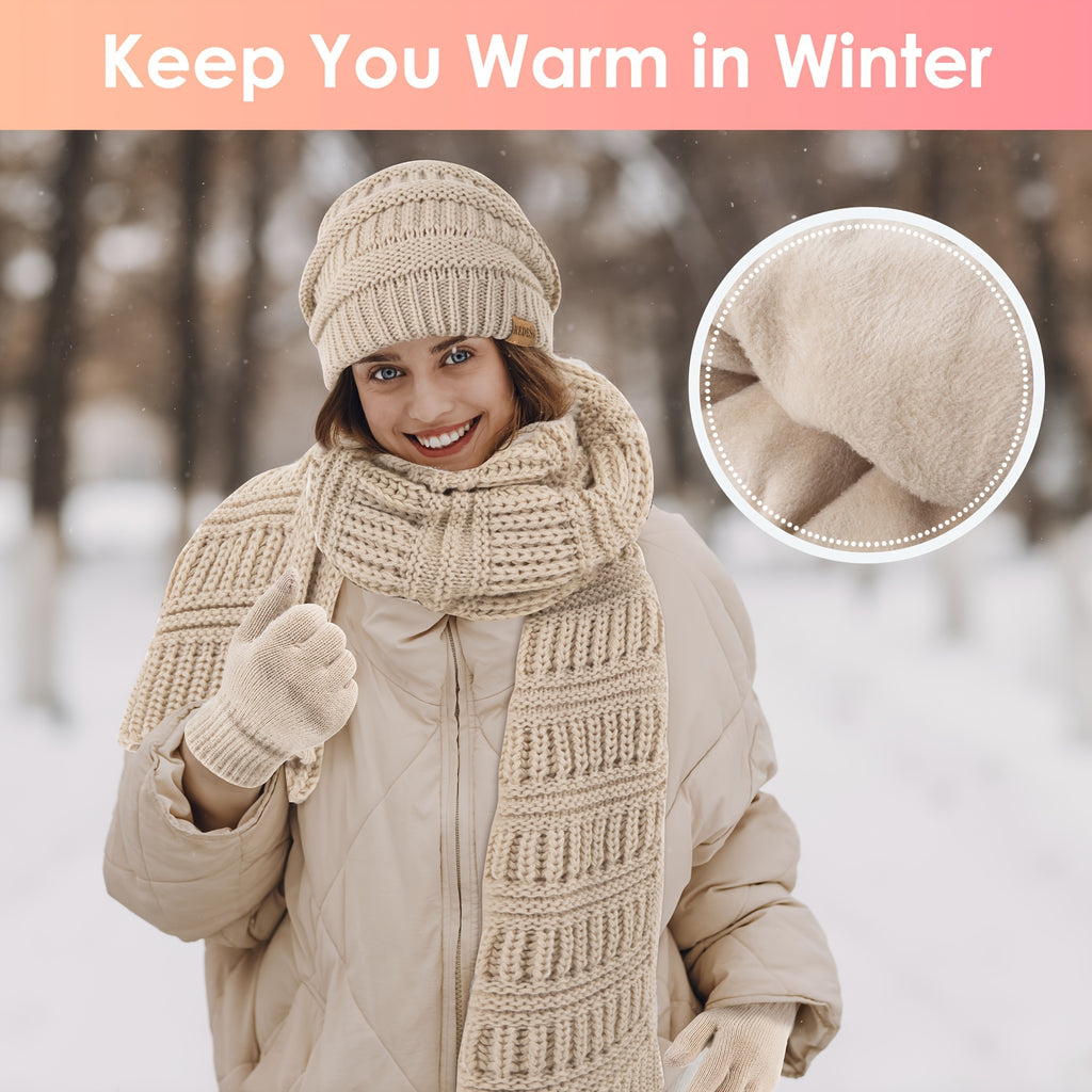 Women'S 3-in-1 Winter Set: Hat, Long Scarf & Touchscreen Gloves - Soft Warm Neck Warmer, Elastic Fit for Smartphones/Camera Use, Elegant Solid Color (/PinkRed/) - Christmas & Thanksgiving Gifts for Women, Durable & Versatile Cold Weather Accessories