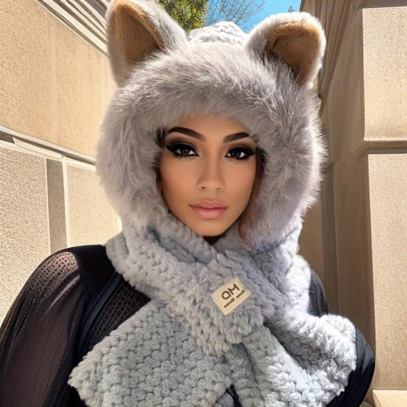 2026 Autumn And Winter New 2pcs Set WhiteAndKhaki Combination Unisex Upgraded Thickened Cute Hooded Scarf Hat Solid Color Winter Plush Cartoon Ear Warm Hat Warm And Windproof Ideal for Multiple Occasions And Holiday Gifts