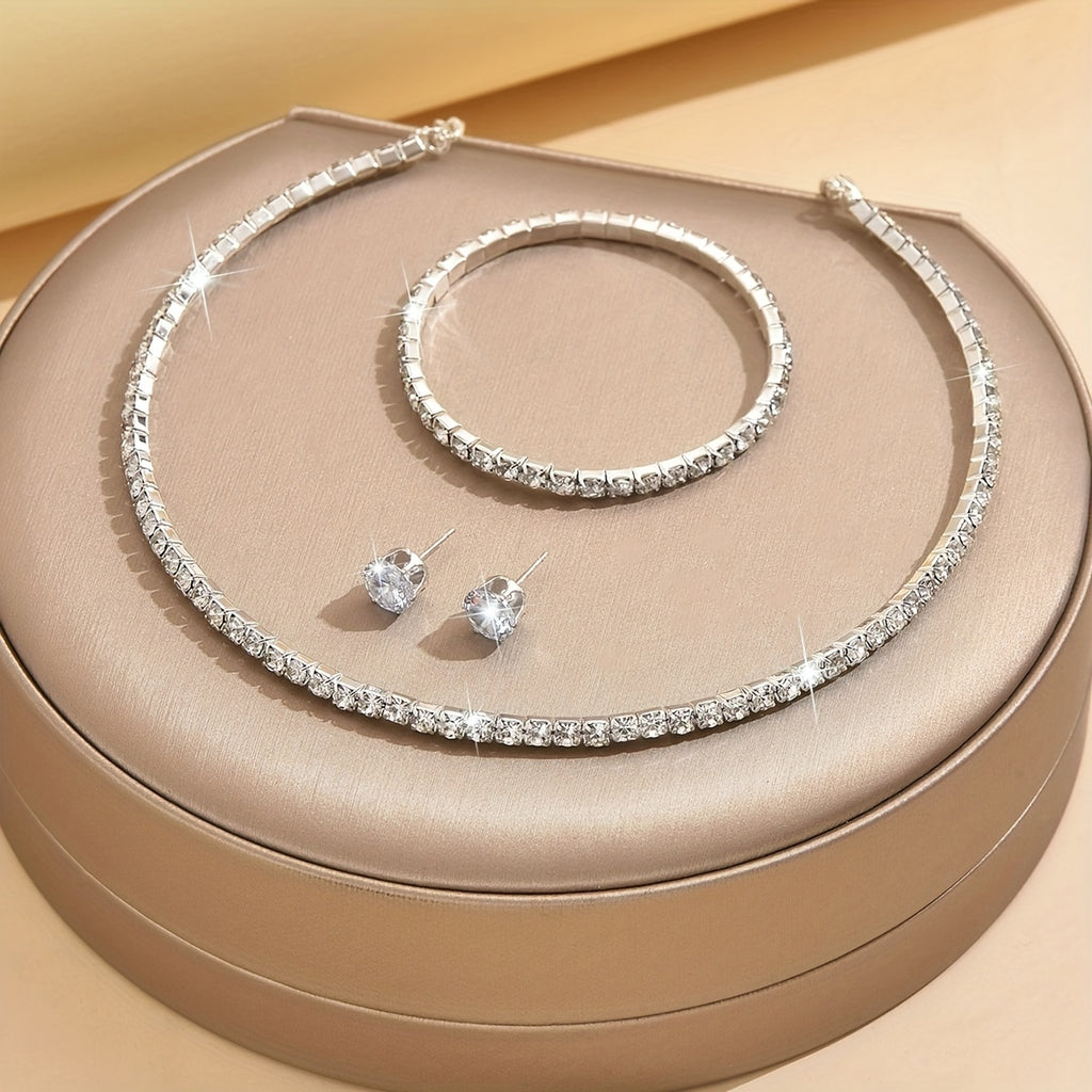 3pcs Set 925 Silvery Ladies Necklace Bracelet with Moissanite Delicate Silvery Choker Necklace Bracelet Stud Earrings Jewelry Set Gift for High Quality Women's Jewelry