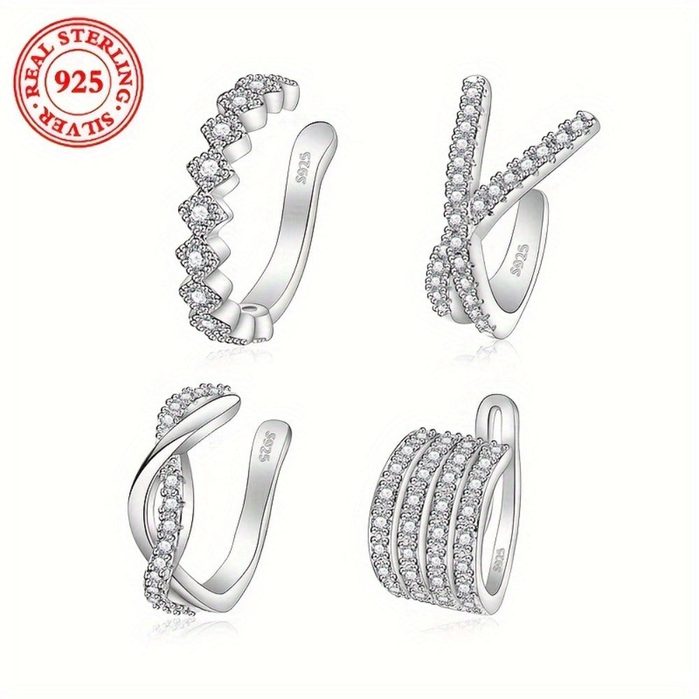 Earrings for Women - Clip On 925 Sterling Silver for - Multi-Prong Inlay Shiny Crystal Clip - product detail view 4