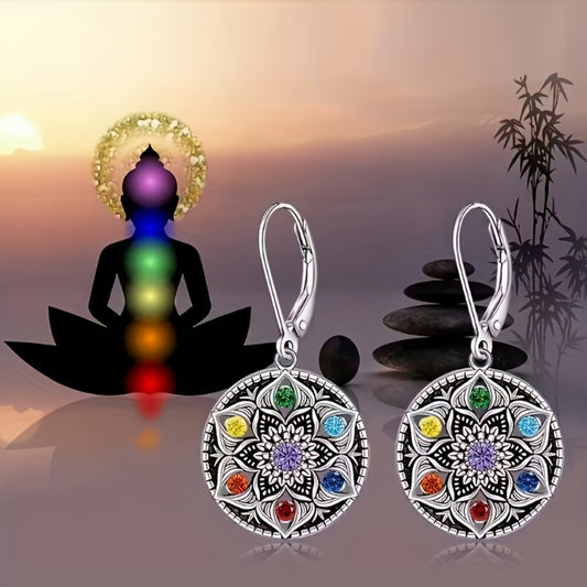 Earrings for Women - Lotus Chakra 925 Sterling Silver Yoga Lotus Pendant 7 Chakras Flower of - main product view