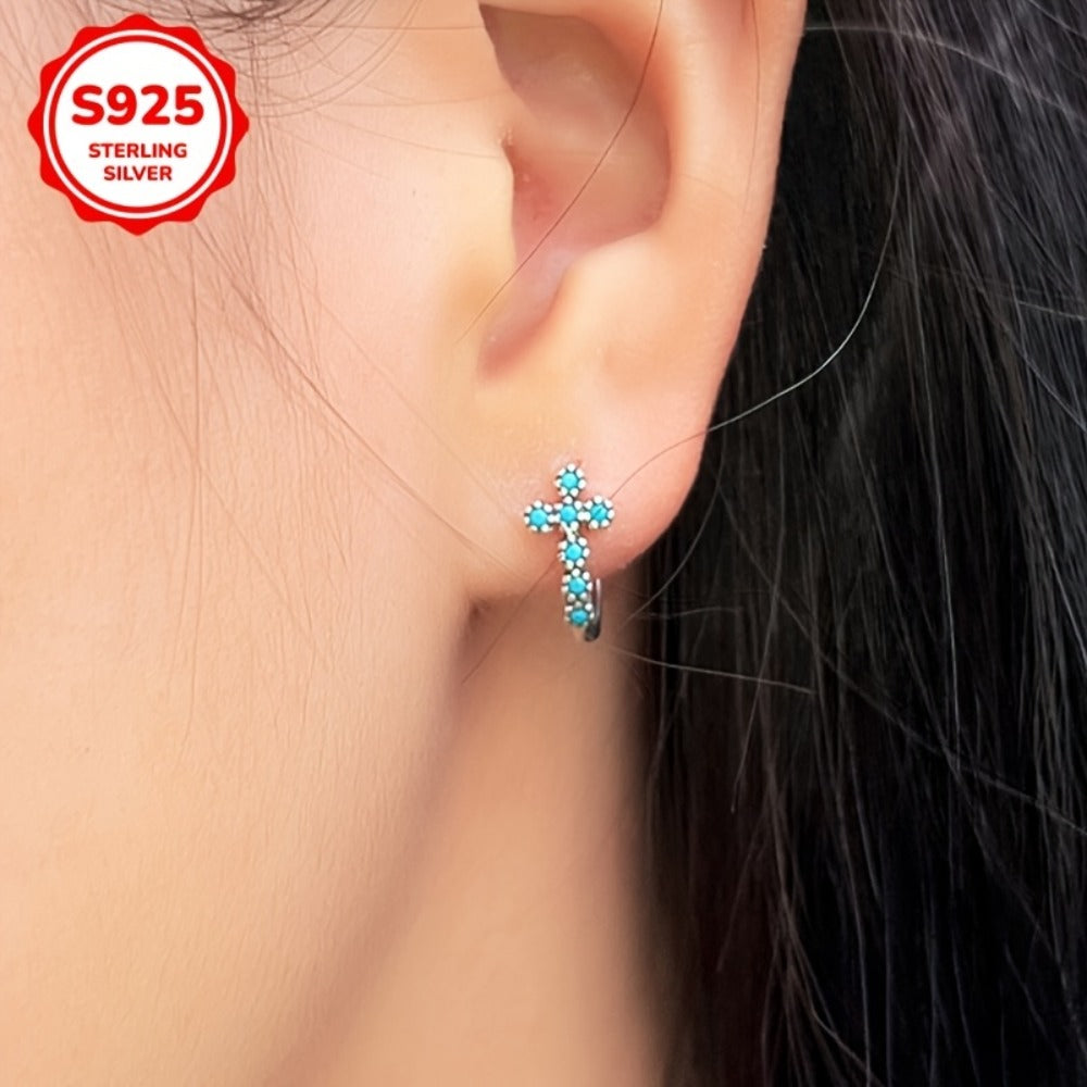 Earrings for Women - Turquoise Cross 925 Sterling Silver Blue Synthetic Turquoise Inlay - product detail view 5