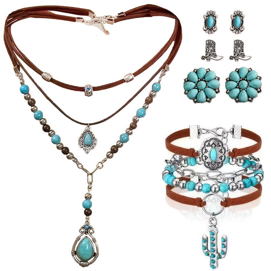 Boho Western Necklace Set 8 Pieces - Turquoise Stone & Cactus Flower Pendant Necklaces for Women, Retro Layered Jewelry for Festivals Vacation Beach Party Gift