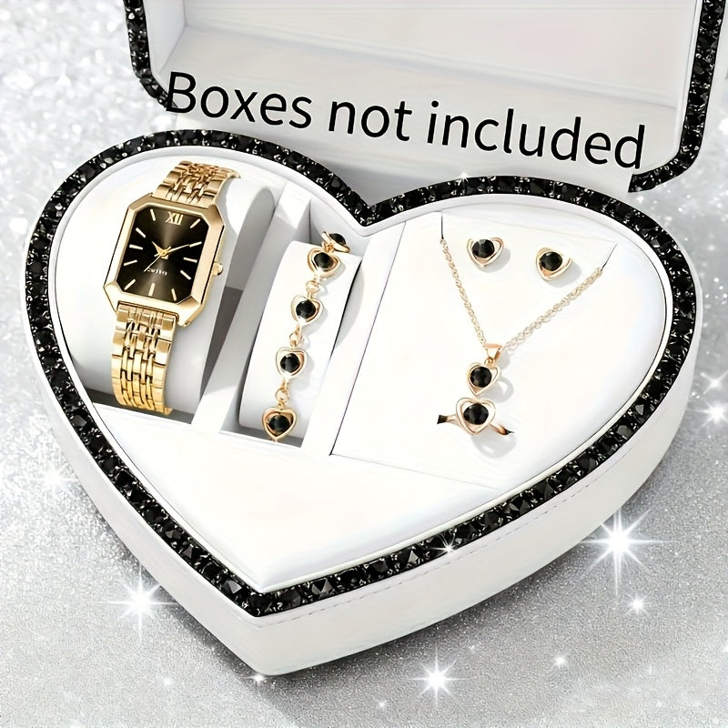 6pcs/ set Elegant Minimalist watches for women, Quartz women'S watches, Square Dial ladies watches with Heart Pendant Necklace, Bracelet, Earrings, Ring, Best Choice for Women'S Gift, Suitable for All Occasions and Gifts, reloj de mujer.