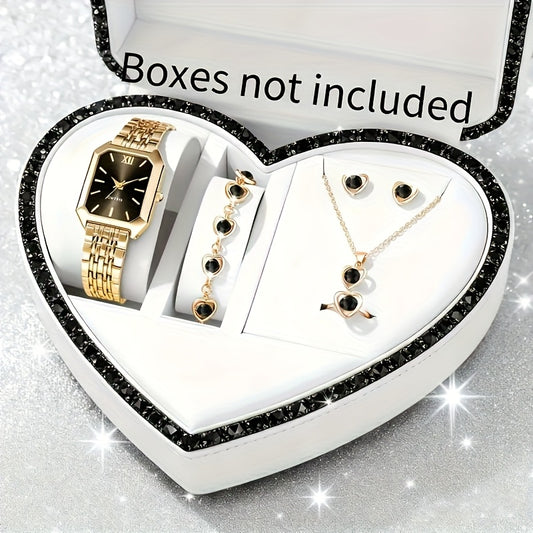 6pcs/ set Elegant Minimalist watches for women, Quartz women'S watches, Square Dial ladies watches with Heart Pendant Necklace, Bracelet, Earrings, Ring, Best Choice for Women'S Gift, Suitable for All Occasions and Gifts, reloj de mujer.