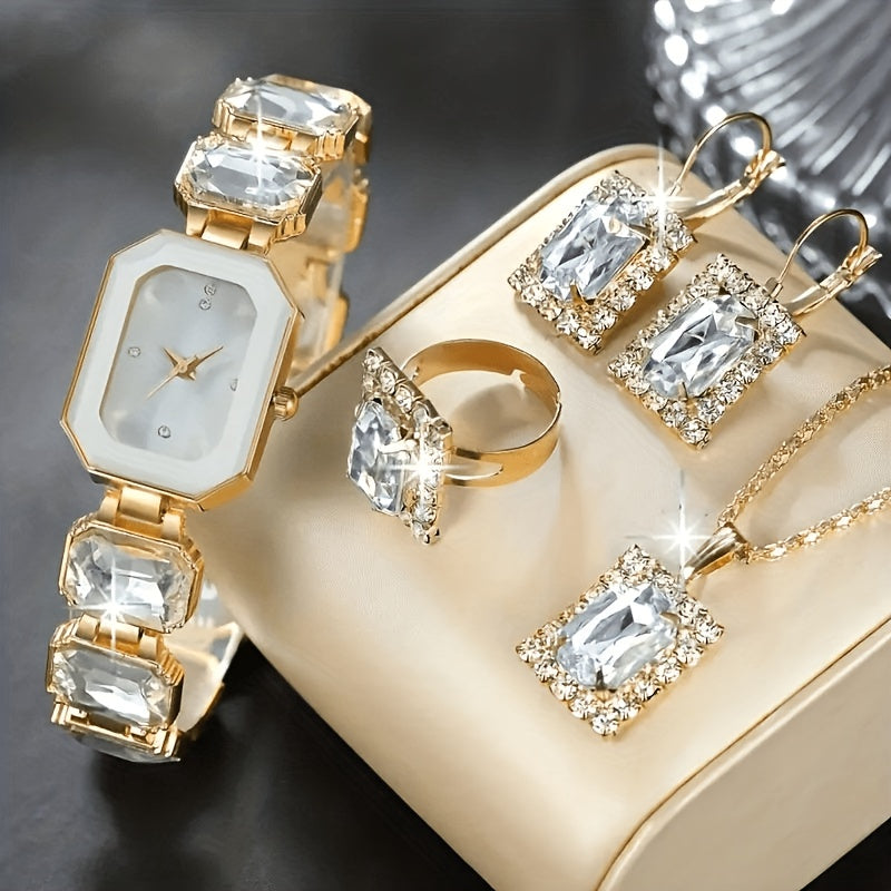 5pcs Women'S Watch Set, Simple and Fashionable Light Luxury Elegant Versatile Square Multi-Color Alloy Chain Watch with Rhinestone Square Jewelry Set, Suitable for Daily Decoration Wear