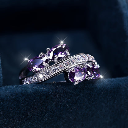 Purple Zirconia Ring S925 Sterling Silver - Elegant Synthetic Gemstone Charm Ring for Women Bride Wedding Engagement Shiny Jewelry Gift Size 6 7 8 9 10