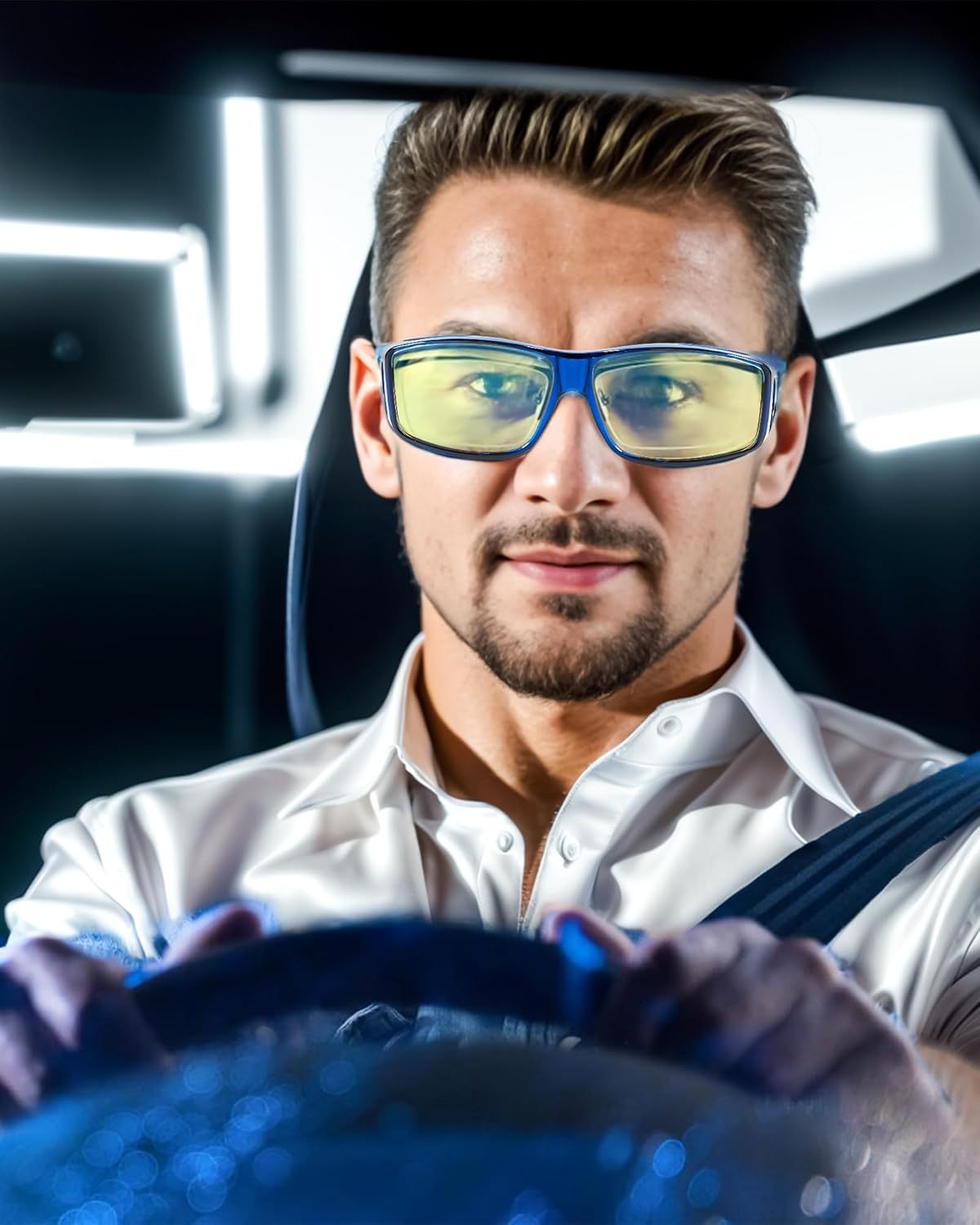 Night Vision Glasses Fit Over Prescription Eyewear – Anti-Glare Yellow Lens Driving Eyewear for Men & Women, HD Nighttime Clarity, Wraparound Overglasses, Grey & Black