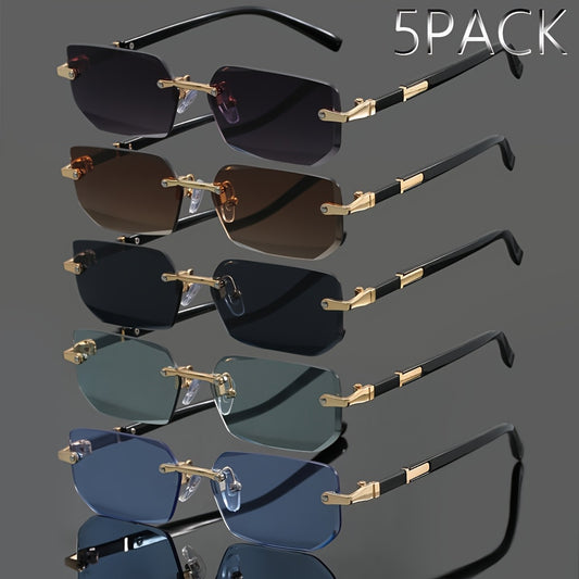 Frameless Sunglasses Set 5 Pack - Metal Rimless Oval Lens UV Protection Lightweight Vintage Fashion Eyewear Men Women Summer Party Gift