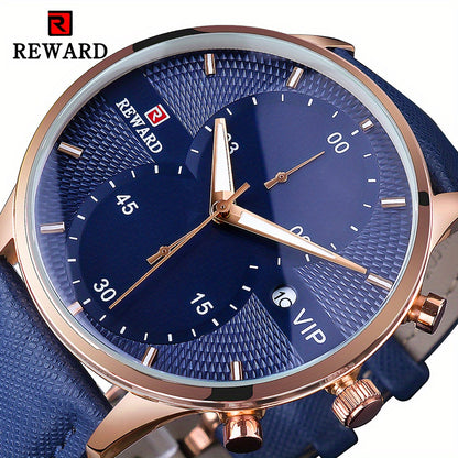 Men's Quartz Watch with PU Leather Strap, Date & Stopwatch — Gift Box Included | Golden & Blue