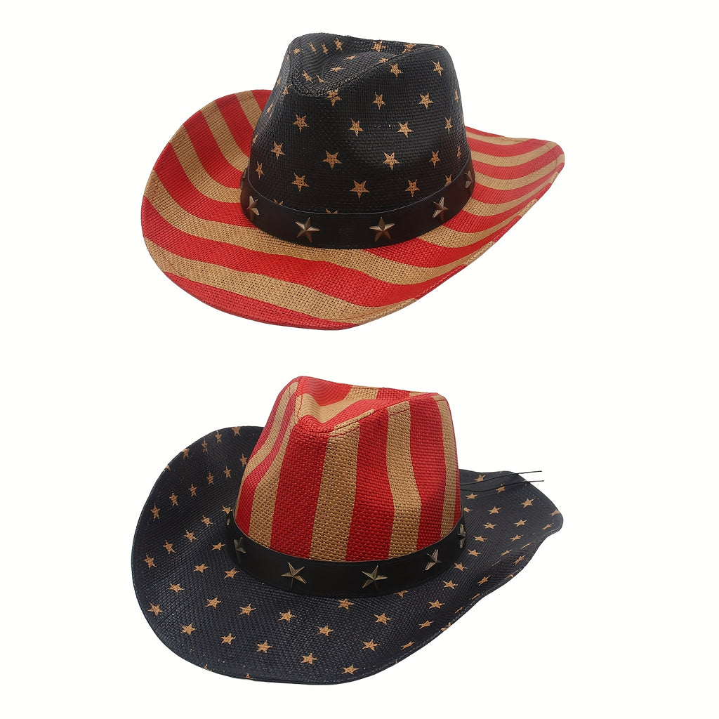 [Western Cowboy Hat] American Flag Wide Curved Brim Western Hat Equestrian Riding Jazz Cowboy Cowgirl Straw Hat